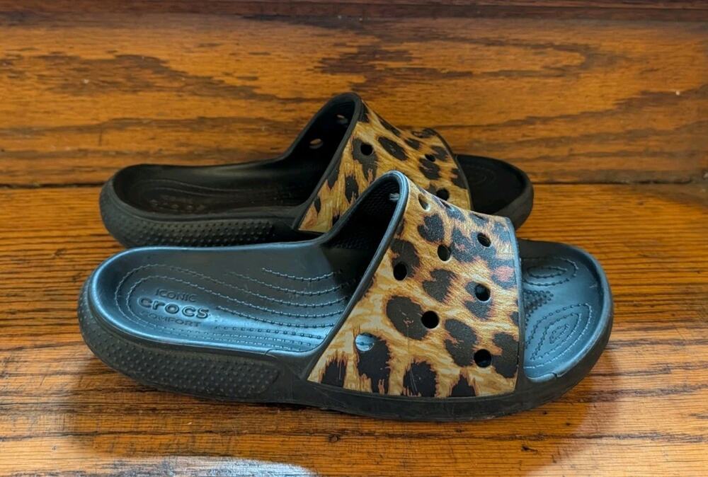 Crocs Leopard Cheetah Sandals Slides Shoes Women's 8
